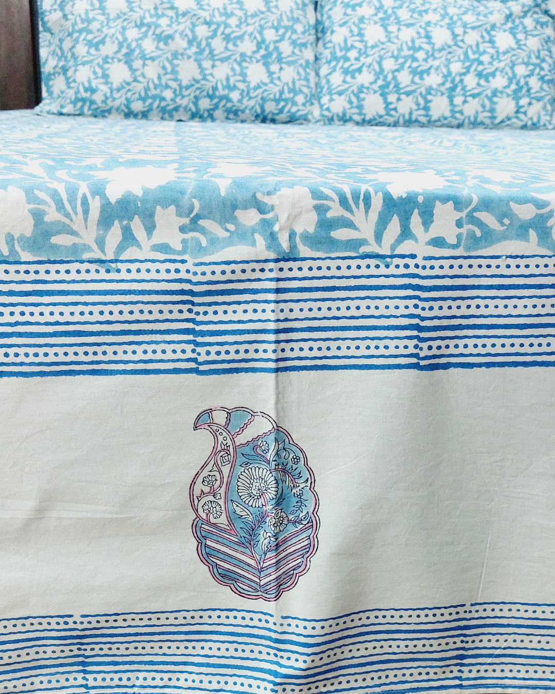 Fine Cotton Queen Size Bedsheet Blue White Floral Jaal Block Print