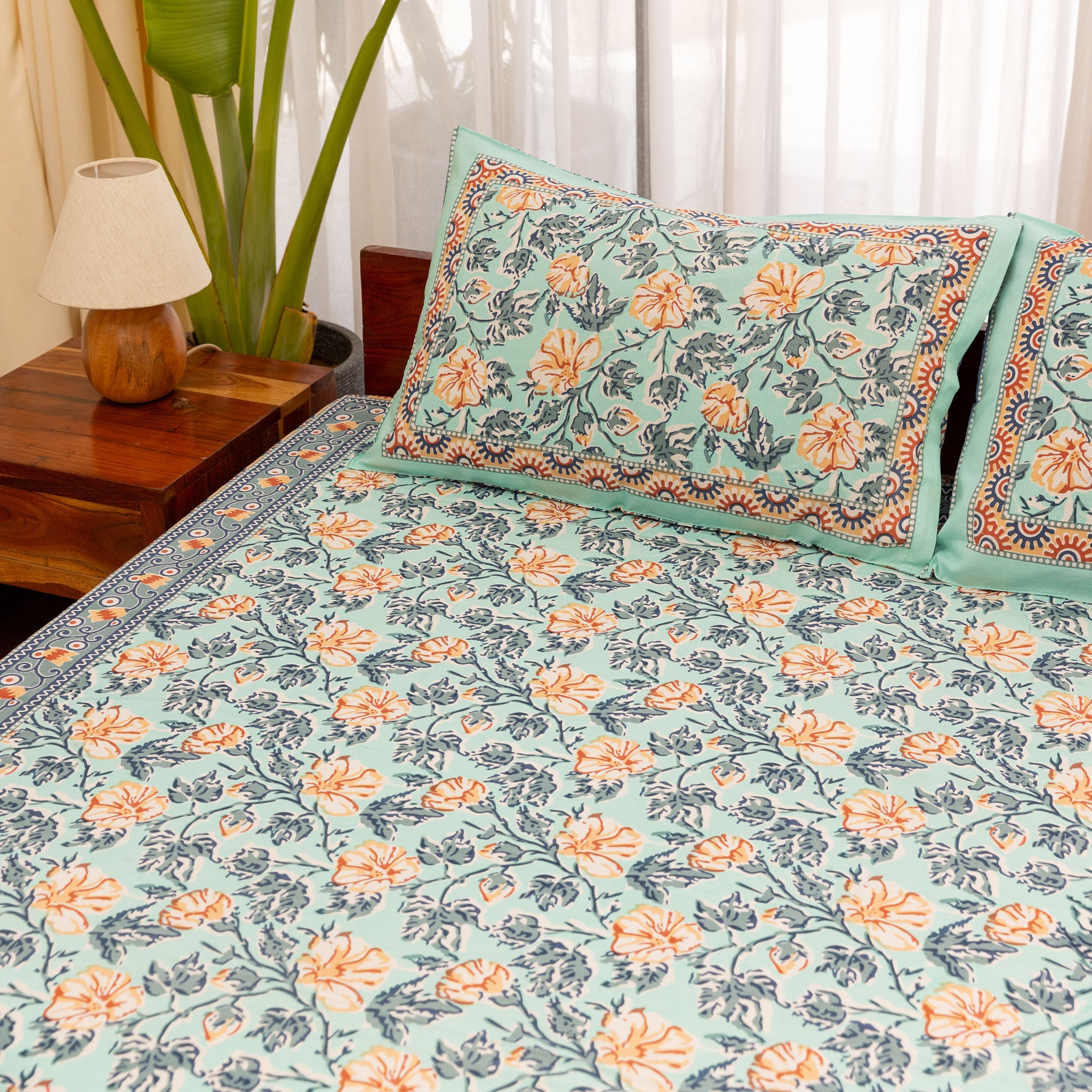 Cotton King Size Bedsheet Green Floral Jaal