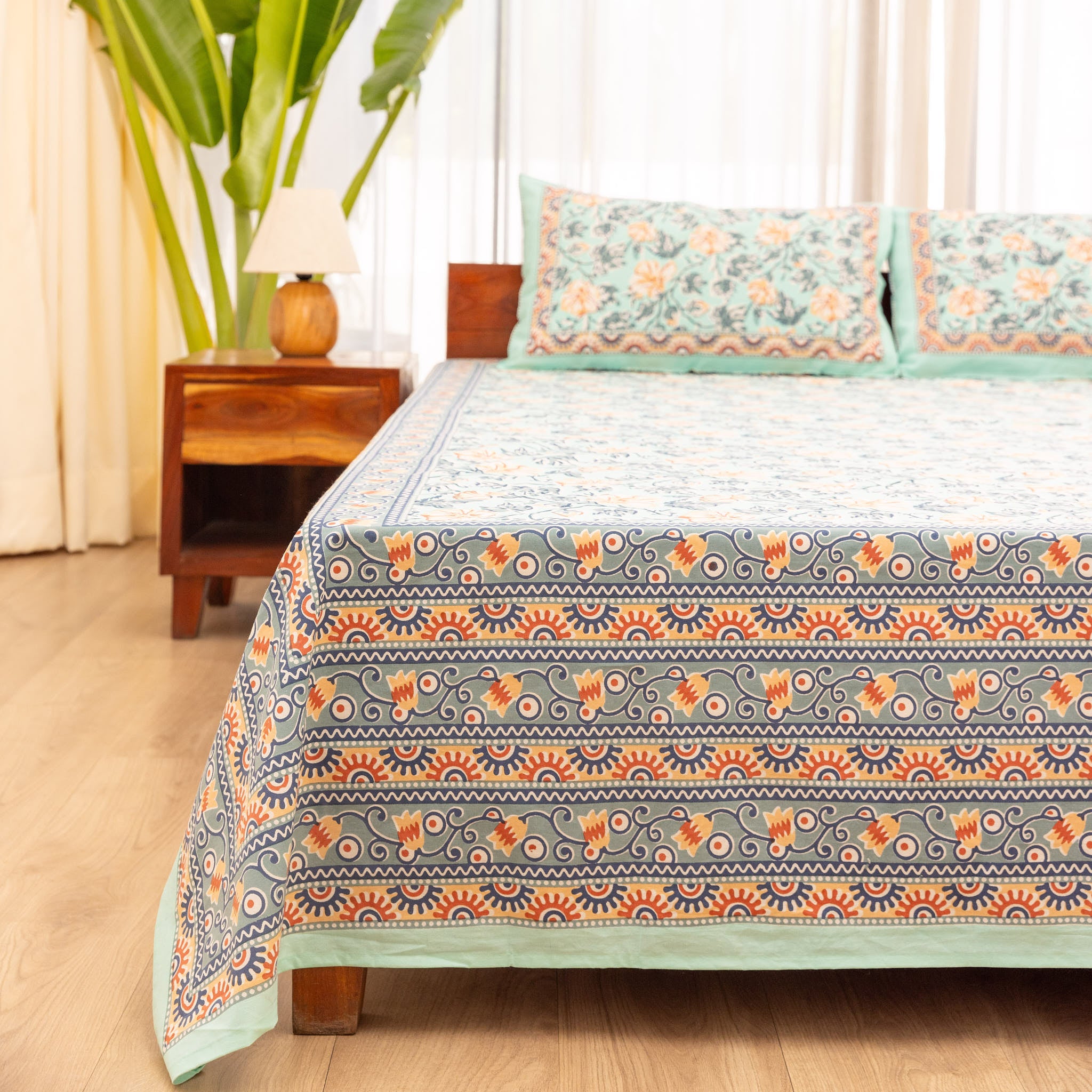 Cotton King Size Bedsheet Green Floral Jaal