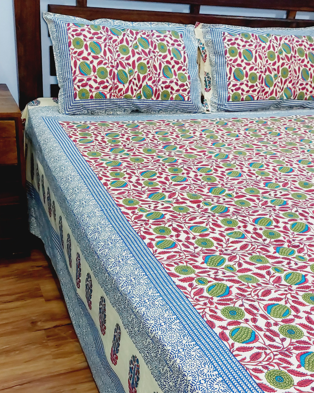 Floral Green-Blue  Bal Print King Size Bedsheet