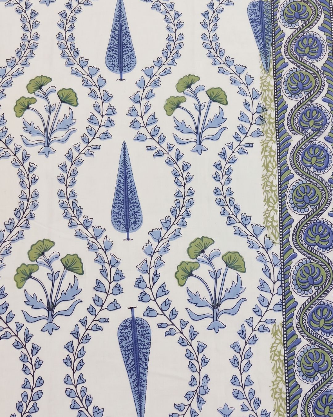 Cotton Bohemian Sage & Blue Floral Print King Size Bedsheet
