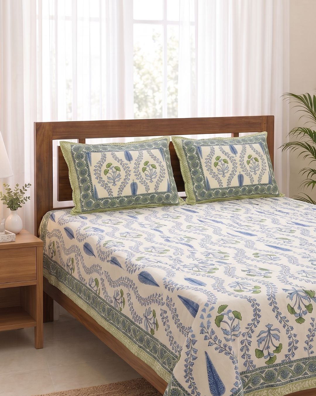 Cotton Bohemian Sage & Blue Floral Print King Size Bedsheet