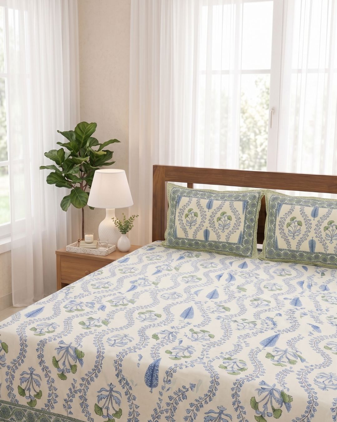 Cotton Bohemian Sage & Blue Floral Print King Size Bedsheet