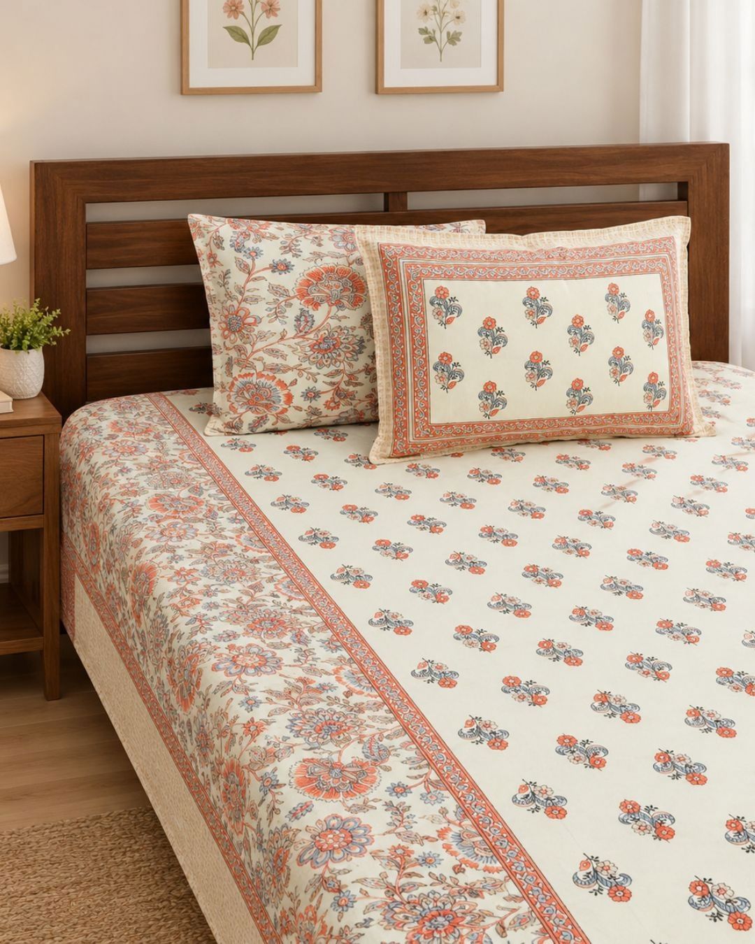 Cotton Mughal Floral Boota Print King Size Bedsheet