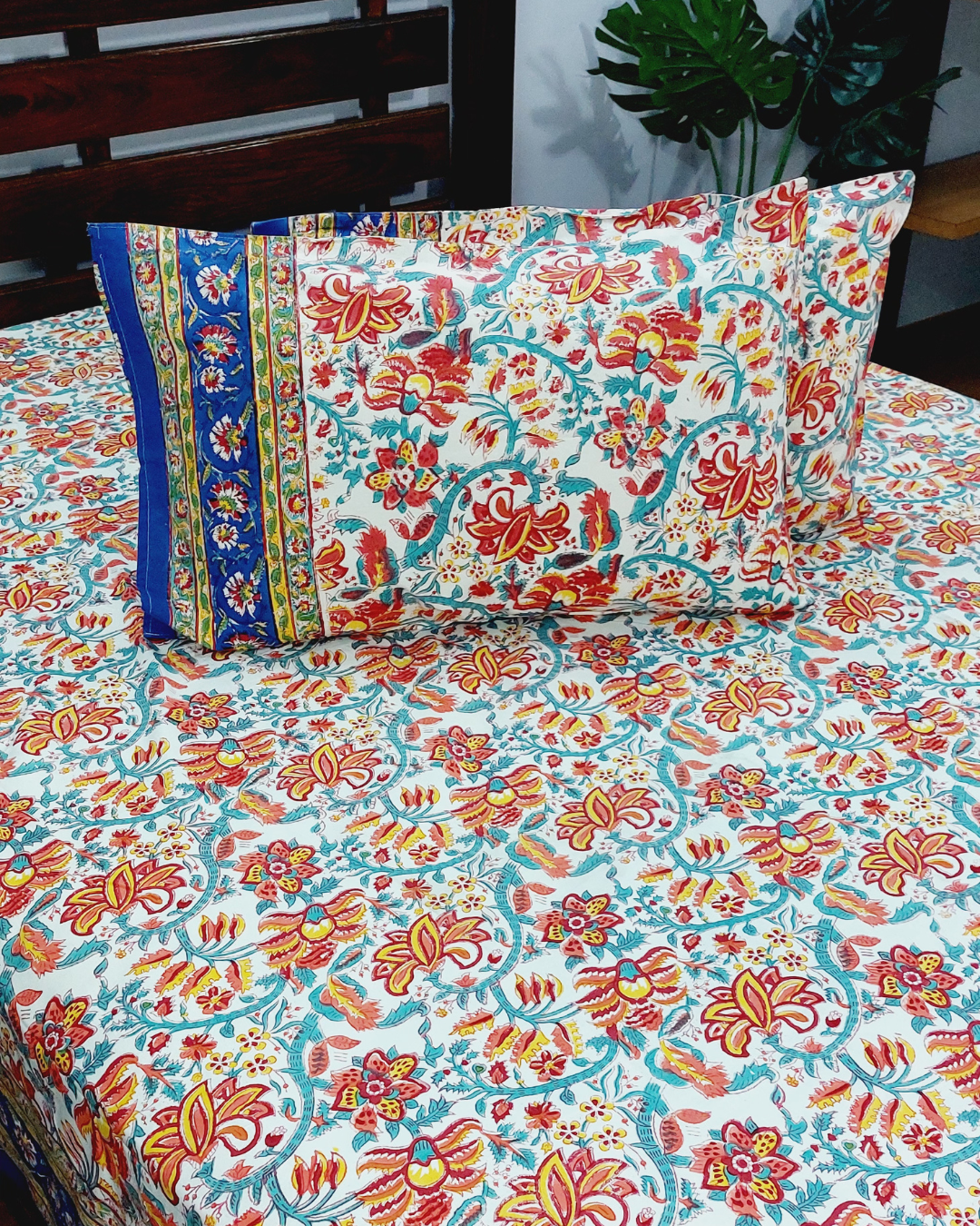 Cotton King Size Bedsheet Blue Orange Floral Block Print