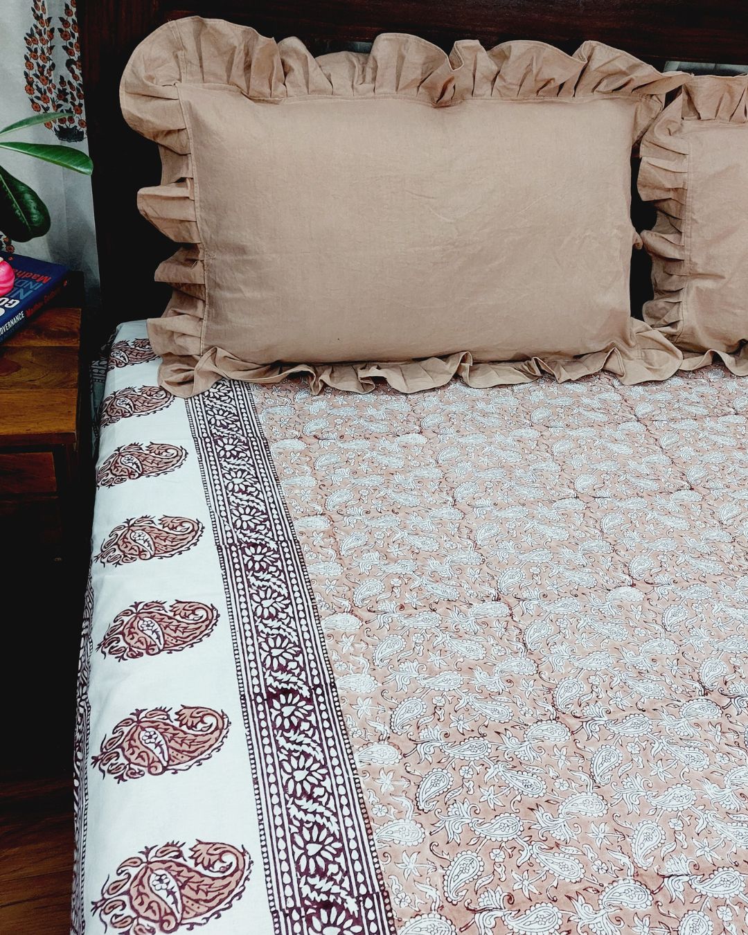 Cotton King Size Bedsheet Light Brown Paisley Block Print