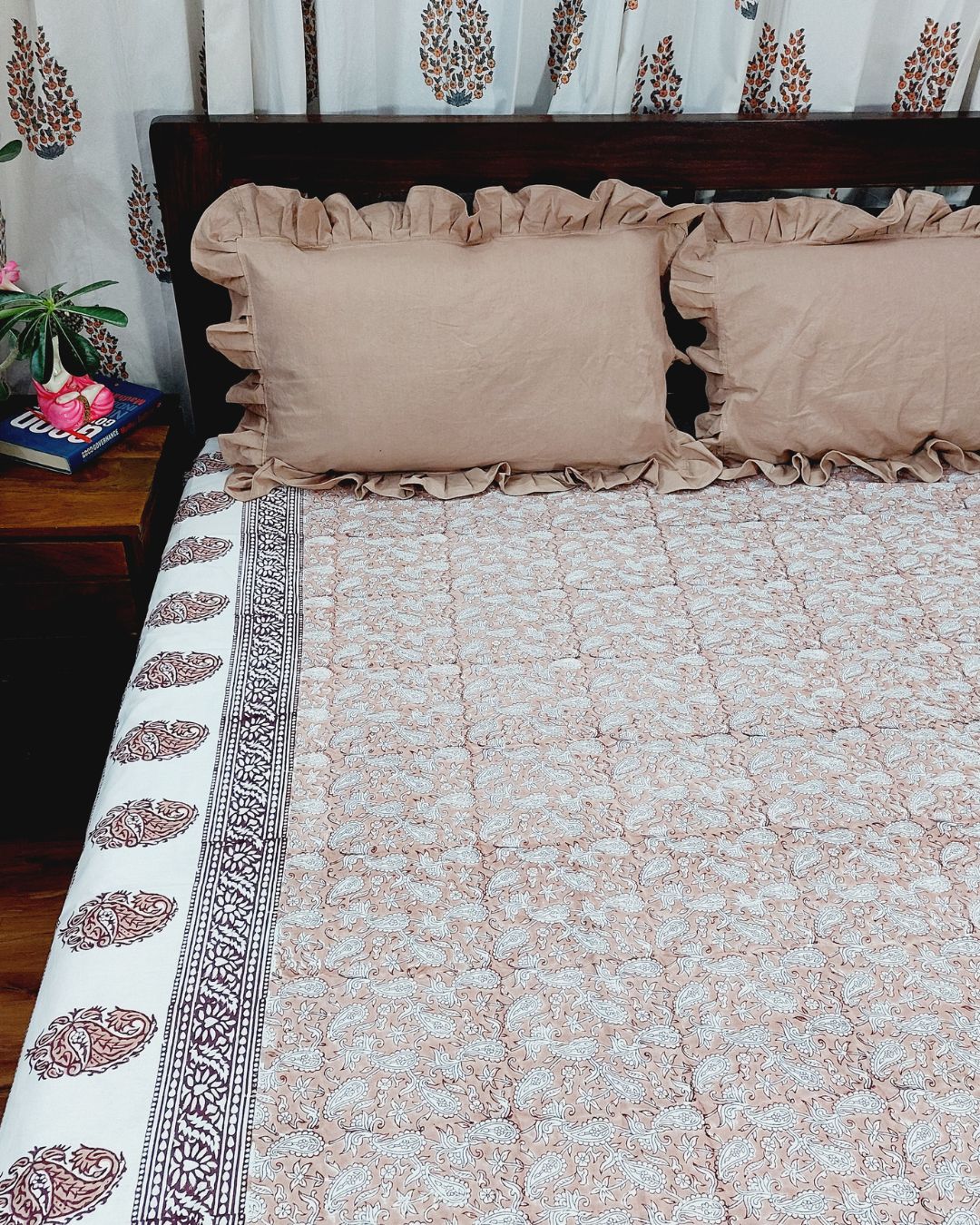 Cotton King Size Bedsheet Light Brown Paisley Block Print