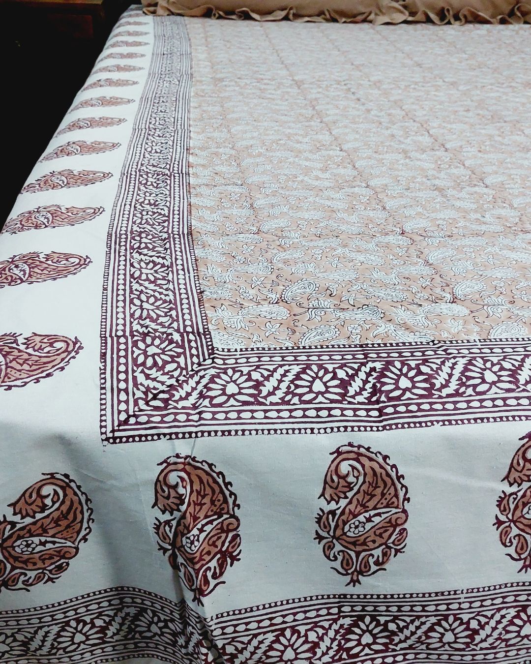 Cotton King Size Bedsheet Light Brown Paisley Block Print