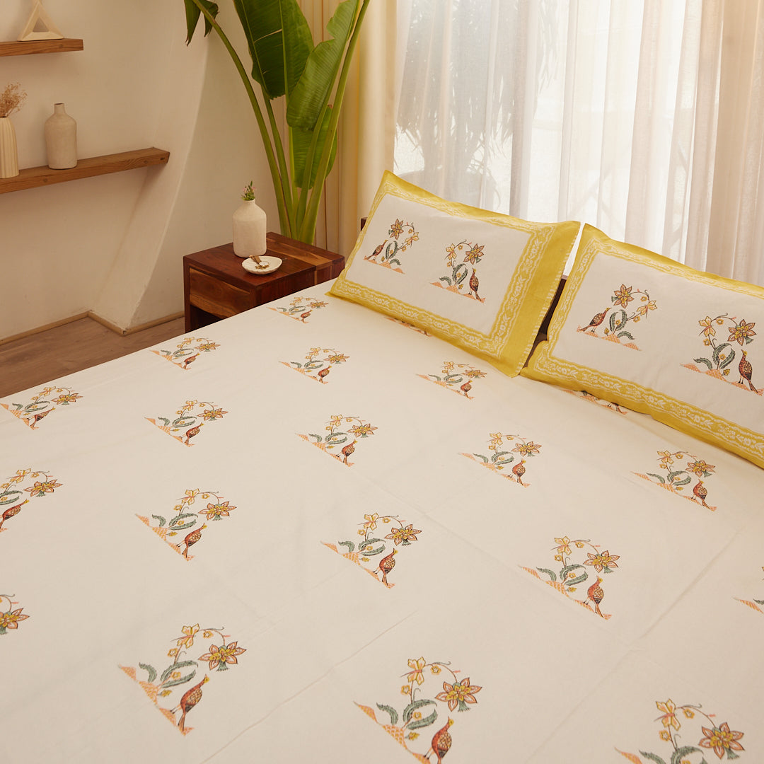 Cotton Orange-White Peacock Block Print  Bedsheet