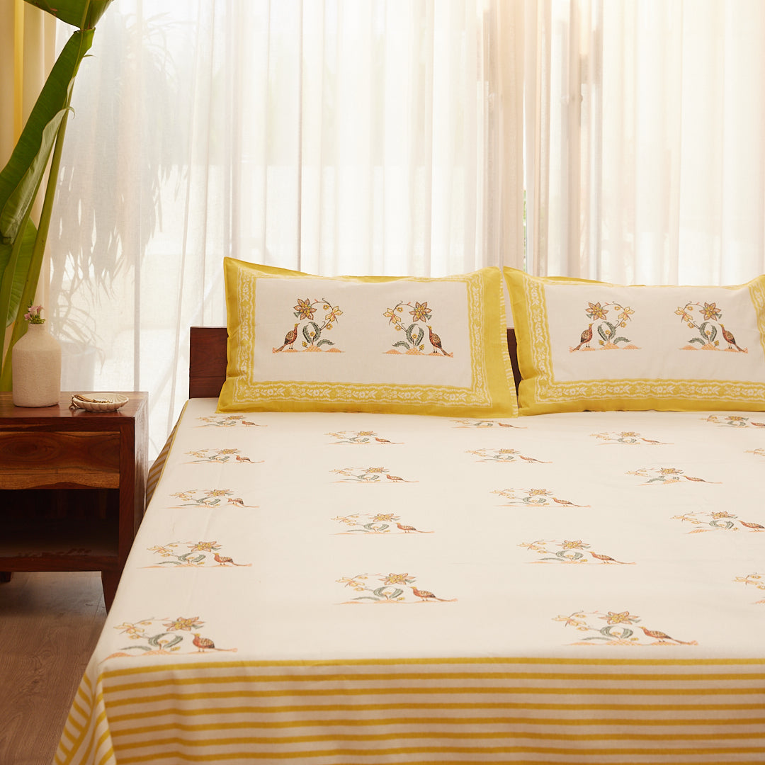 Cotton Orange-White Peacock Block Print  Bedsheet