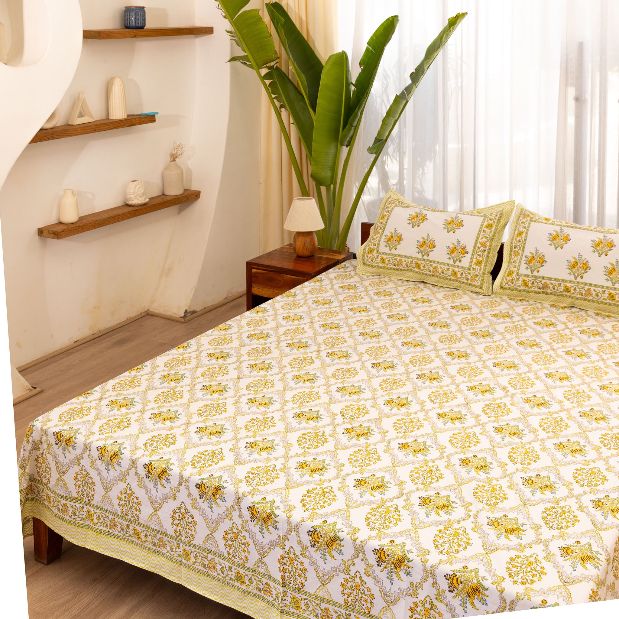 Fine Cotton King Size bedsheet Mustard-Green Floral Block Print