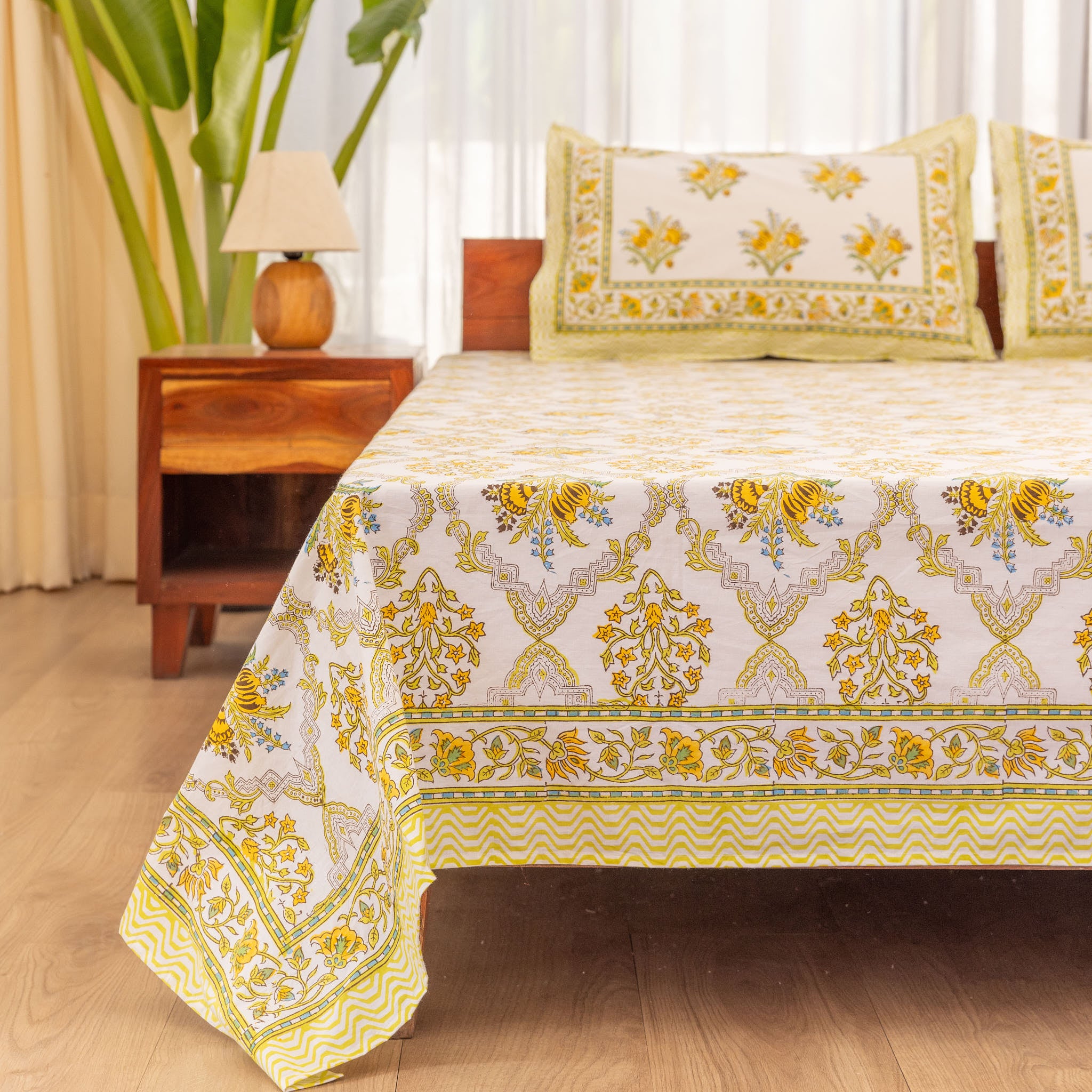 Fine Cotton King Size bedsheet Mustard-Green Floral Block Print