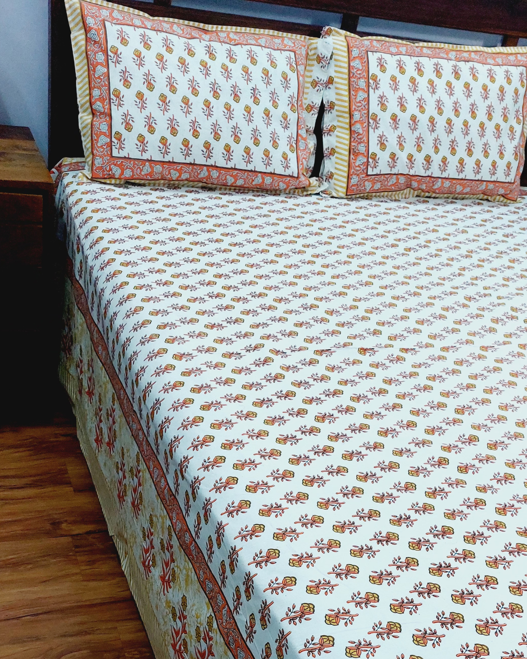 Cotton Orange Floral Butti  Print King Size Bedsheet