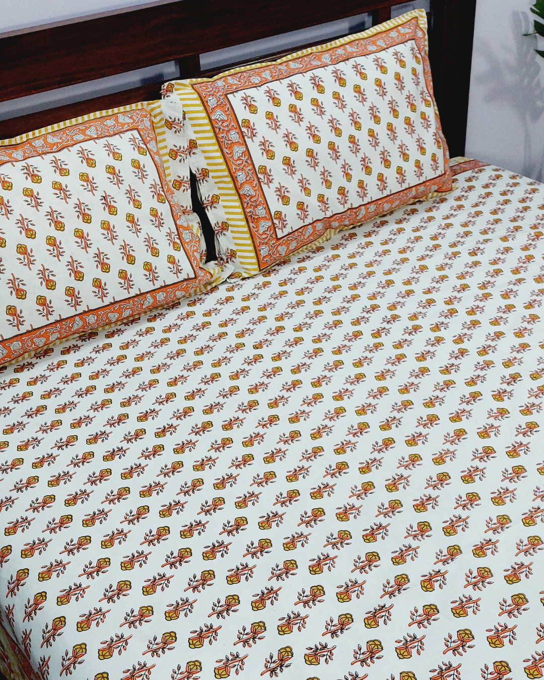 Cotton Orange Floral Butti  Print King Size Bedsheet