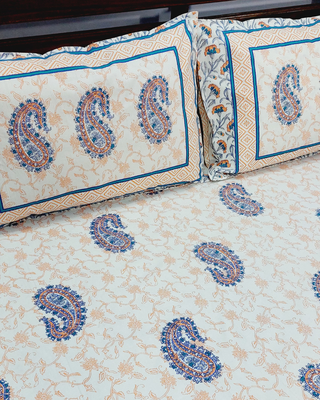 King Size Bedsheet Orange Blue Paisley Print
