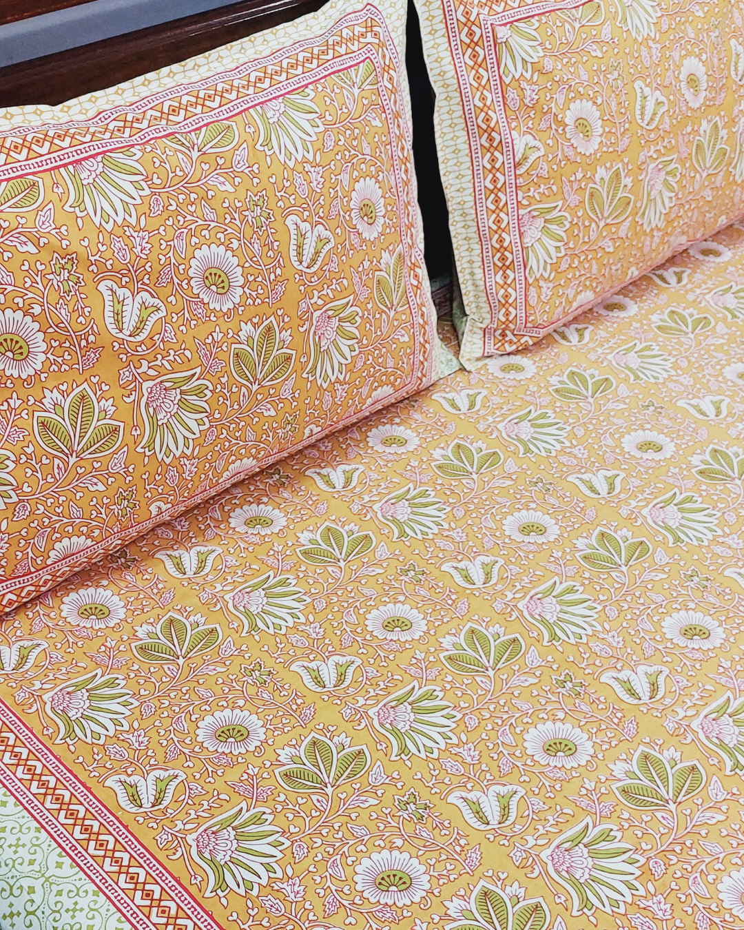 Cotton King Size Bedsheet  Yellow Green Floral Print