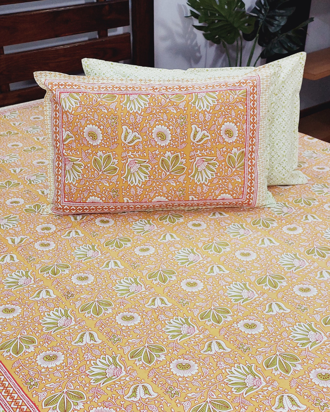 Cotton King Size Bedsheet  Yellow Green Floral Print