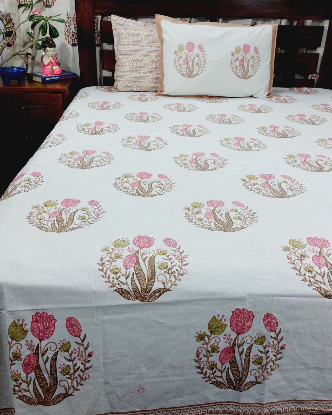 Cotton King Size Bedsheet  Brown  Pink Floral Butta Print