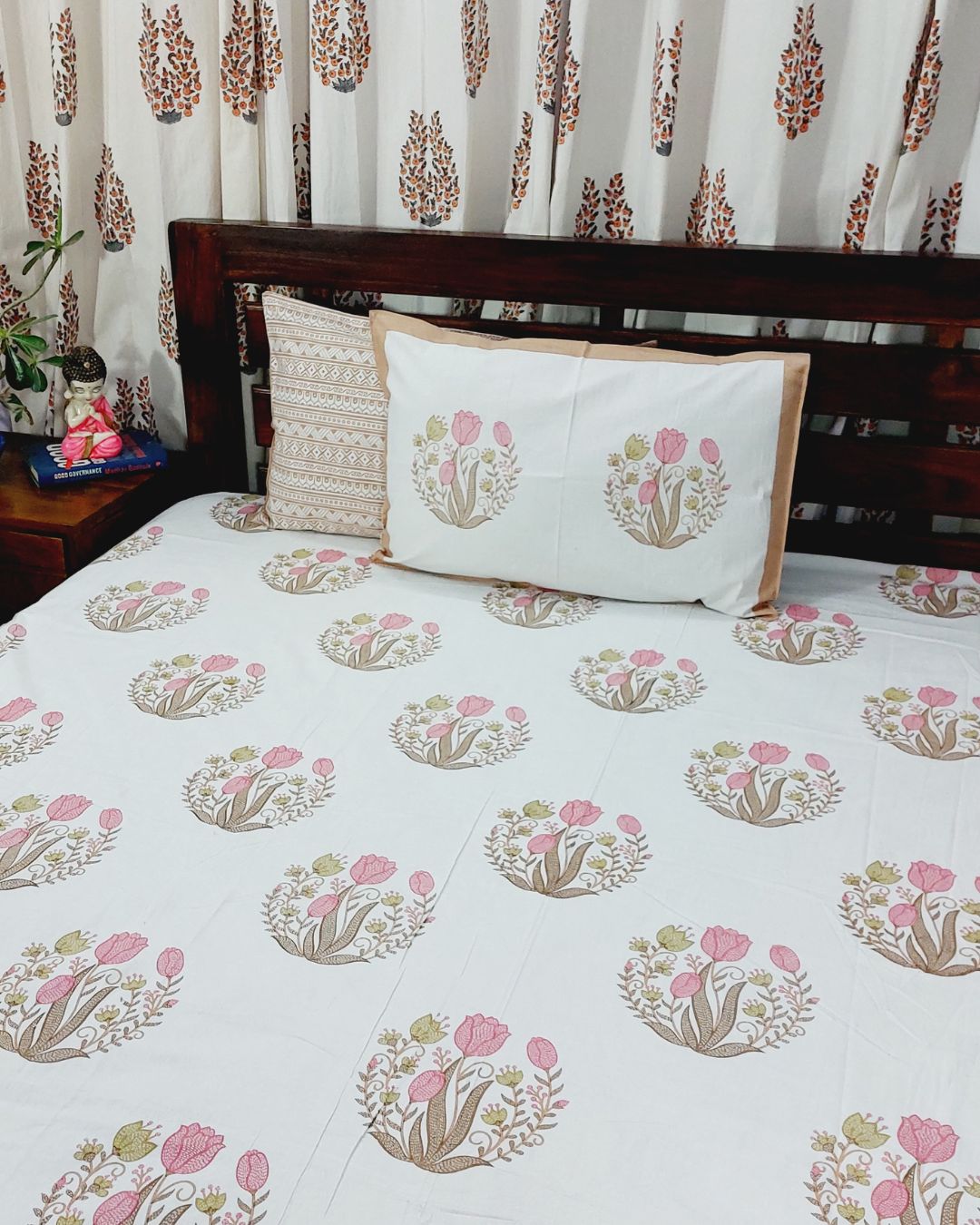 Cotton King Size Bedsheet  Brown  Pink Floral Butta Print