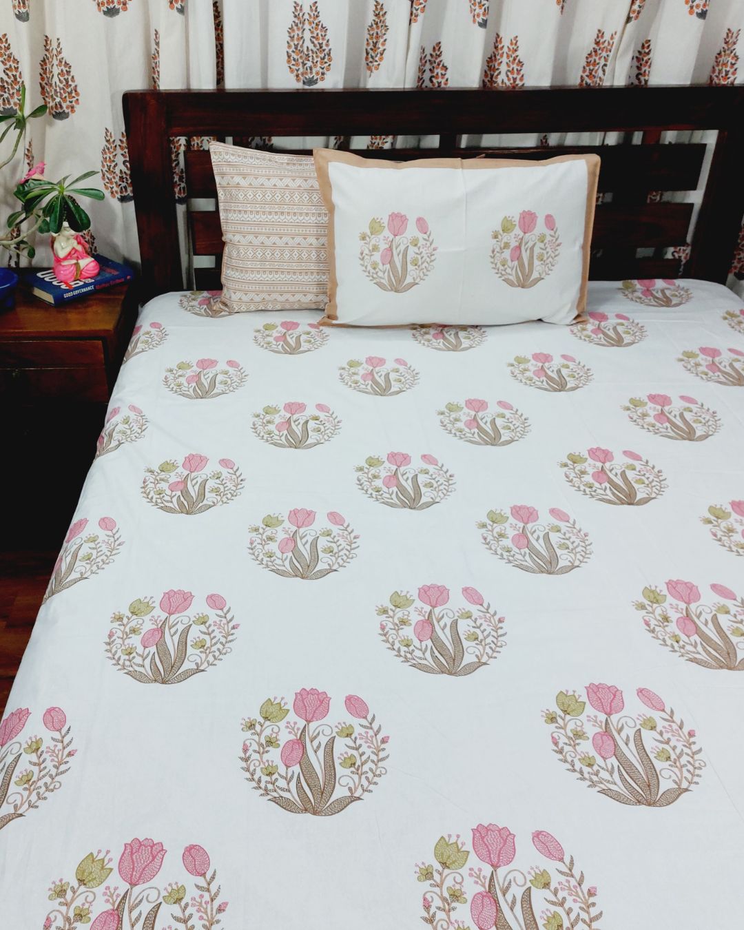Cotton King Size Bedsheet  Brown  Pink Floral Butta Print