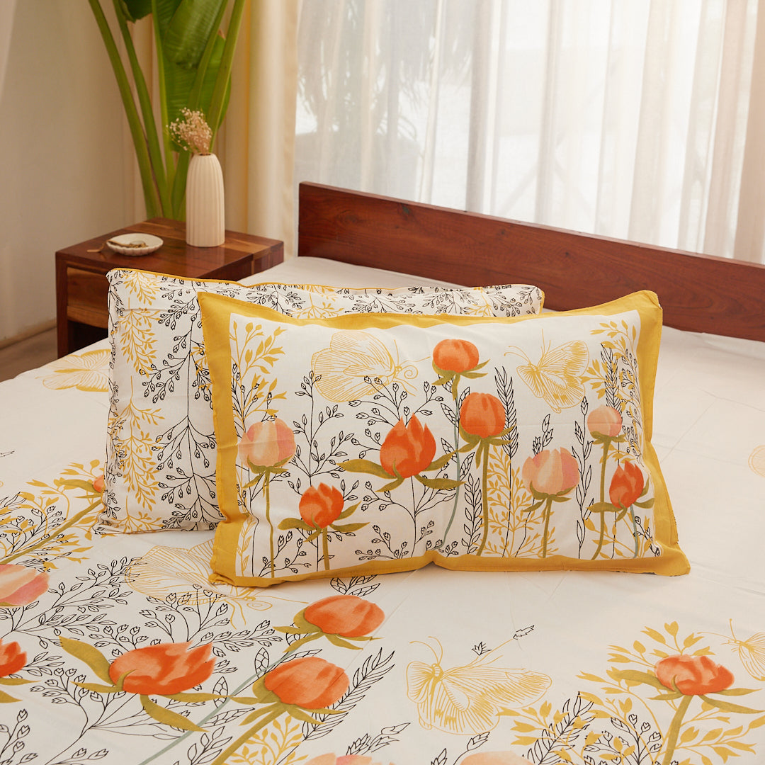 Cotton Orange Butterfly King Size Bedsheet