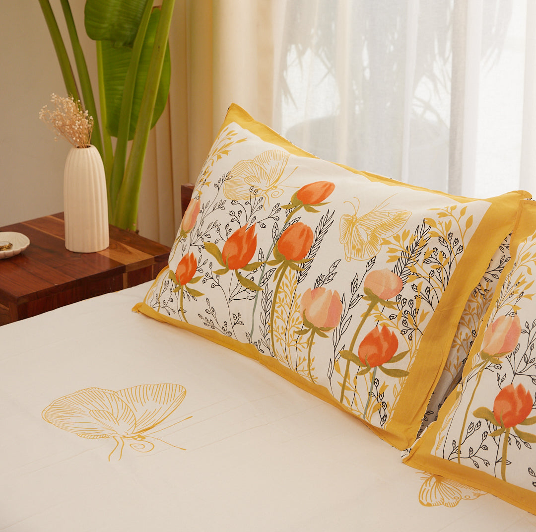 Cotton Orange Butterfly King Size Bedsheet
