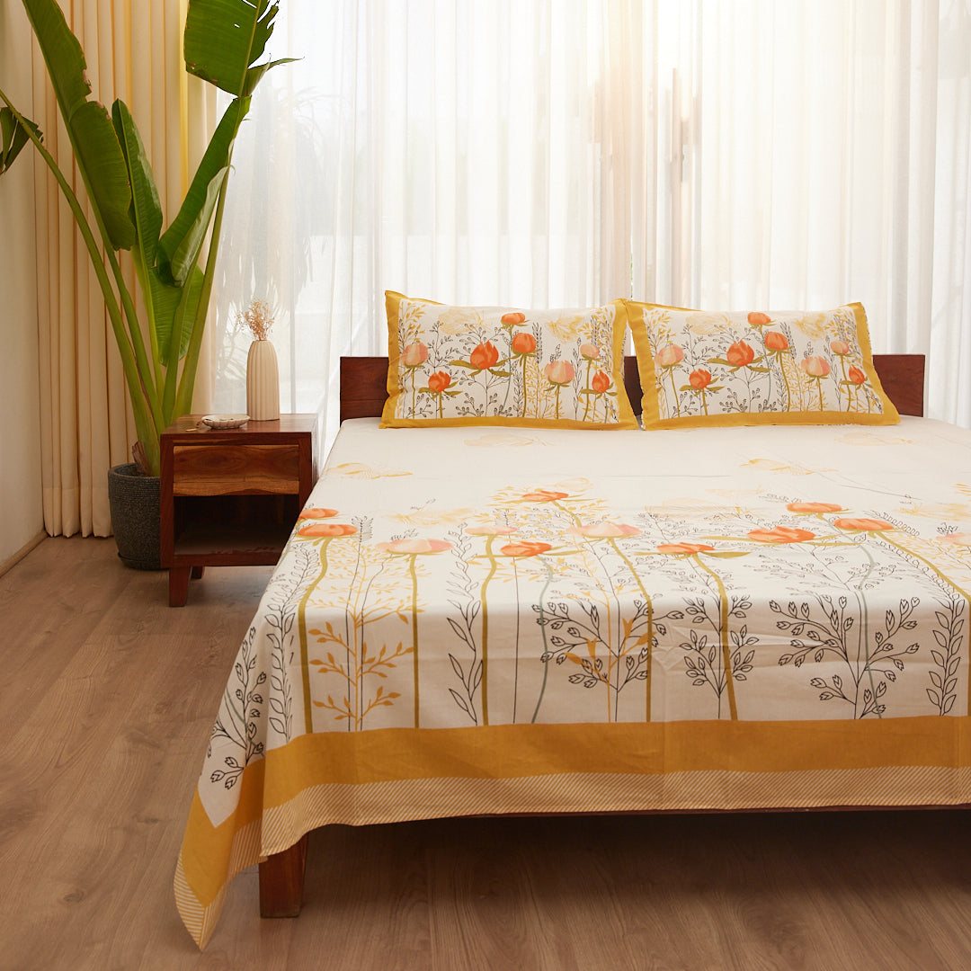 Cotton Orange Butterfly King Size Bedsheet