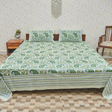 Cotton White Green King Size Bedsheet