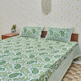 Cotton White Green King Size Bedsheet