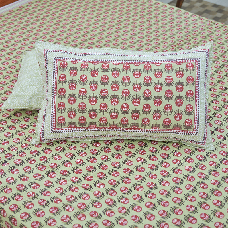 Cotton Green Pink Floral Motif King Size Bedsheet