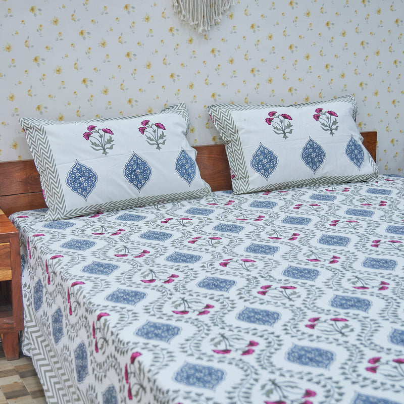 Cotton White Blue Floral Jaal King Size Bedsheet