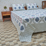 Cotton White Blue Floral Jaal King Size Bedsheet