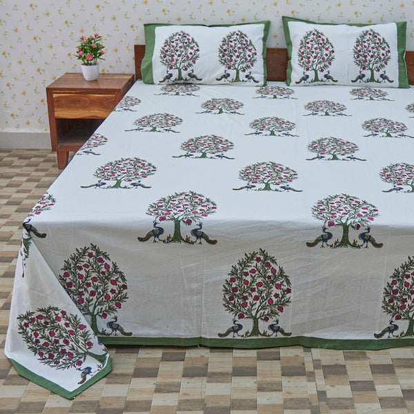 Cotton White Green-Red Camellia King Size Bedsheet