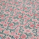 Cotton White Pink-Green Floral Jaal King Size Bedsheet