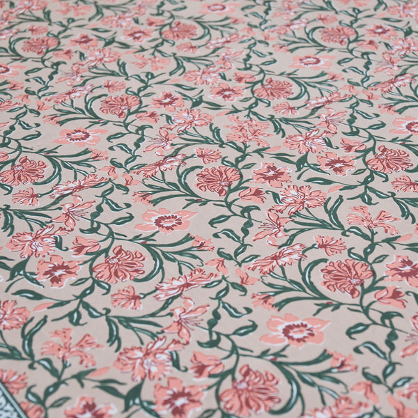 Cotton White Pink-Green Floral Jaal King Size Bedsheet