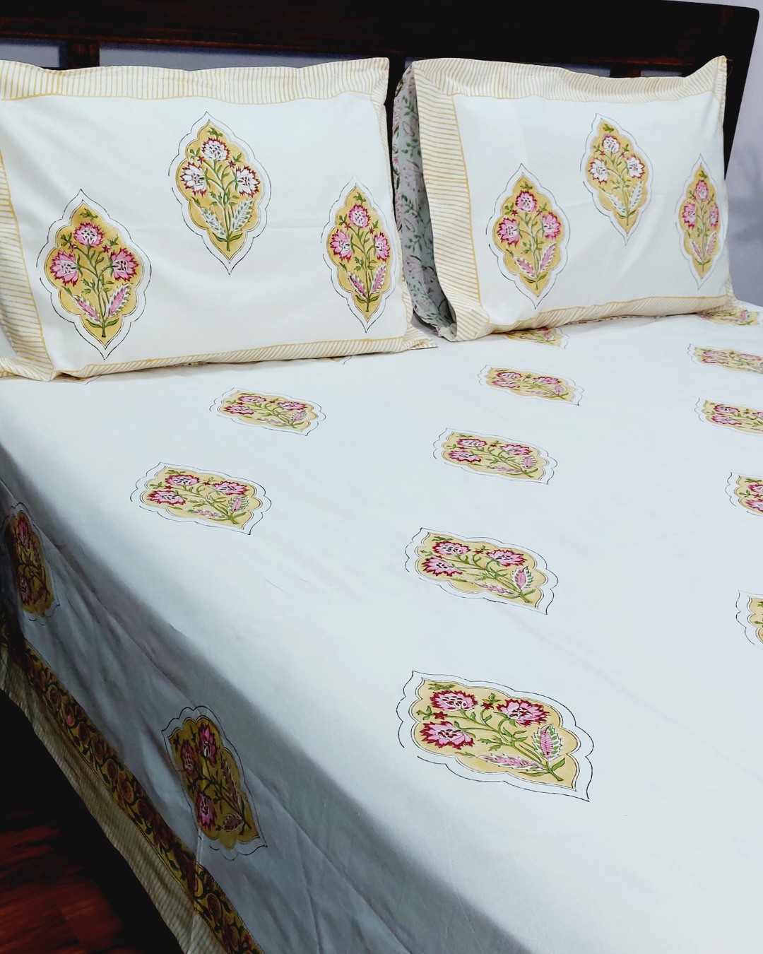 Cotton King Size Bedsheet  Yellow Pink Floral Butta Print
