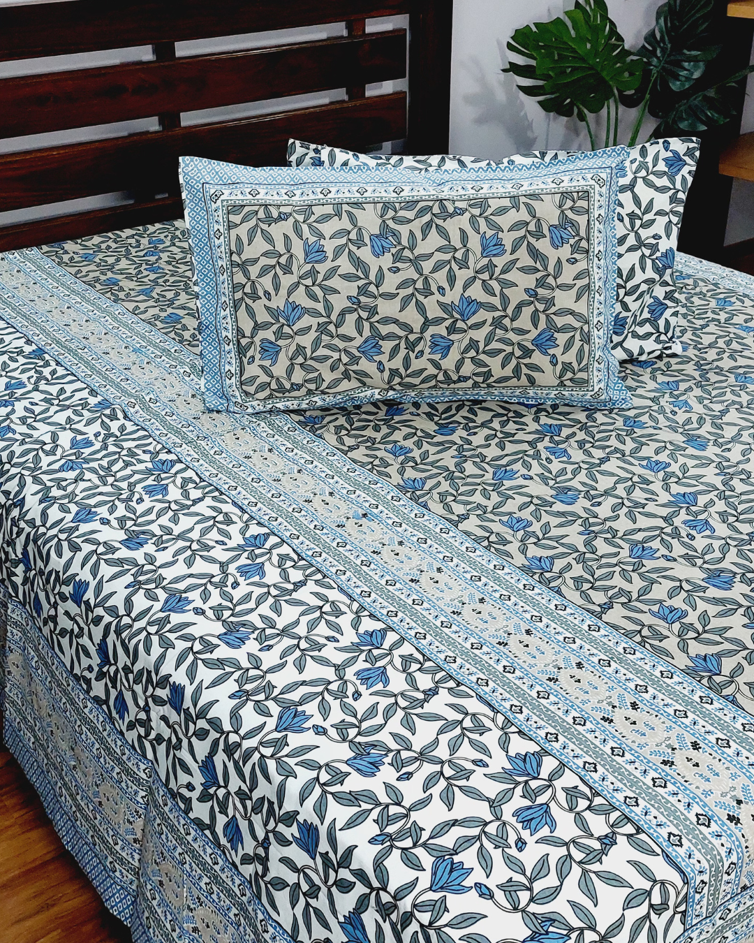 Cotton King Size Bedsheet Grey Blue  Floral Print