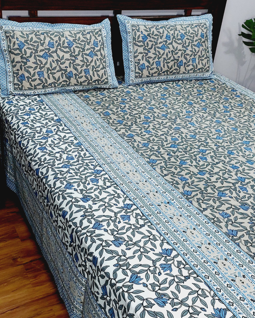 Cotton King Size Bedsheet Grey Blue  Floral Print