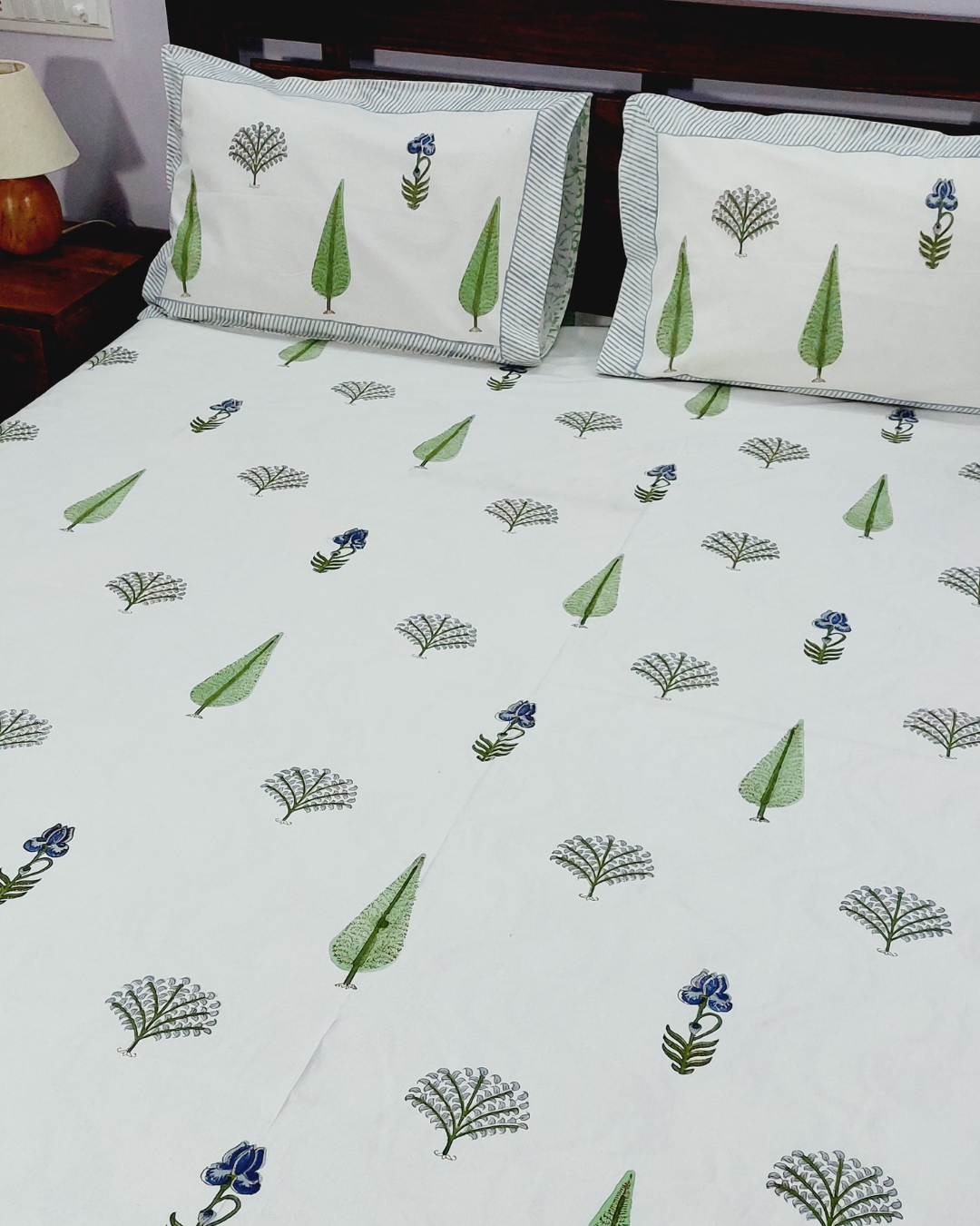Cotton King Size Bedsheet White Green  Floral Boota Block Print
