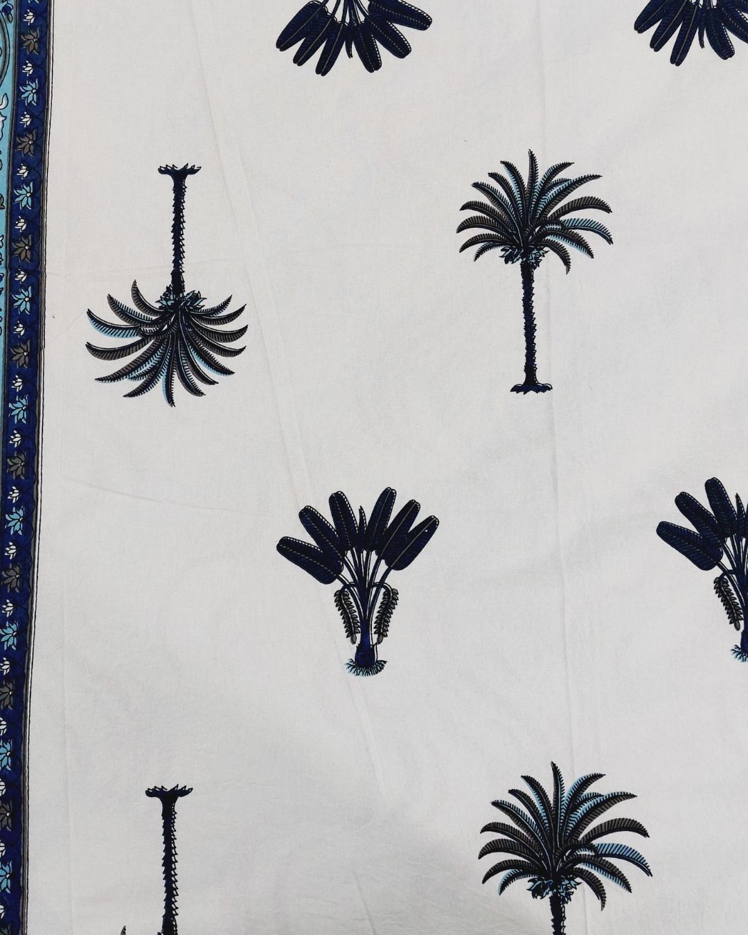 Cotton King Size Bed Sheet White Blue Palm Tree Print