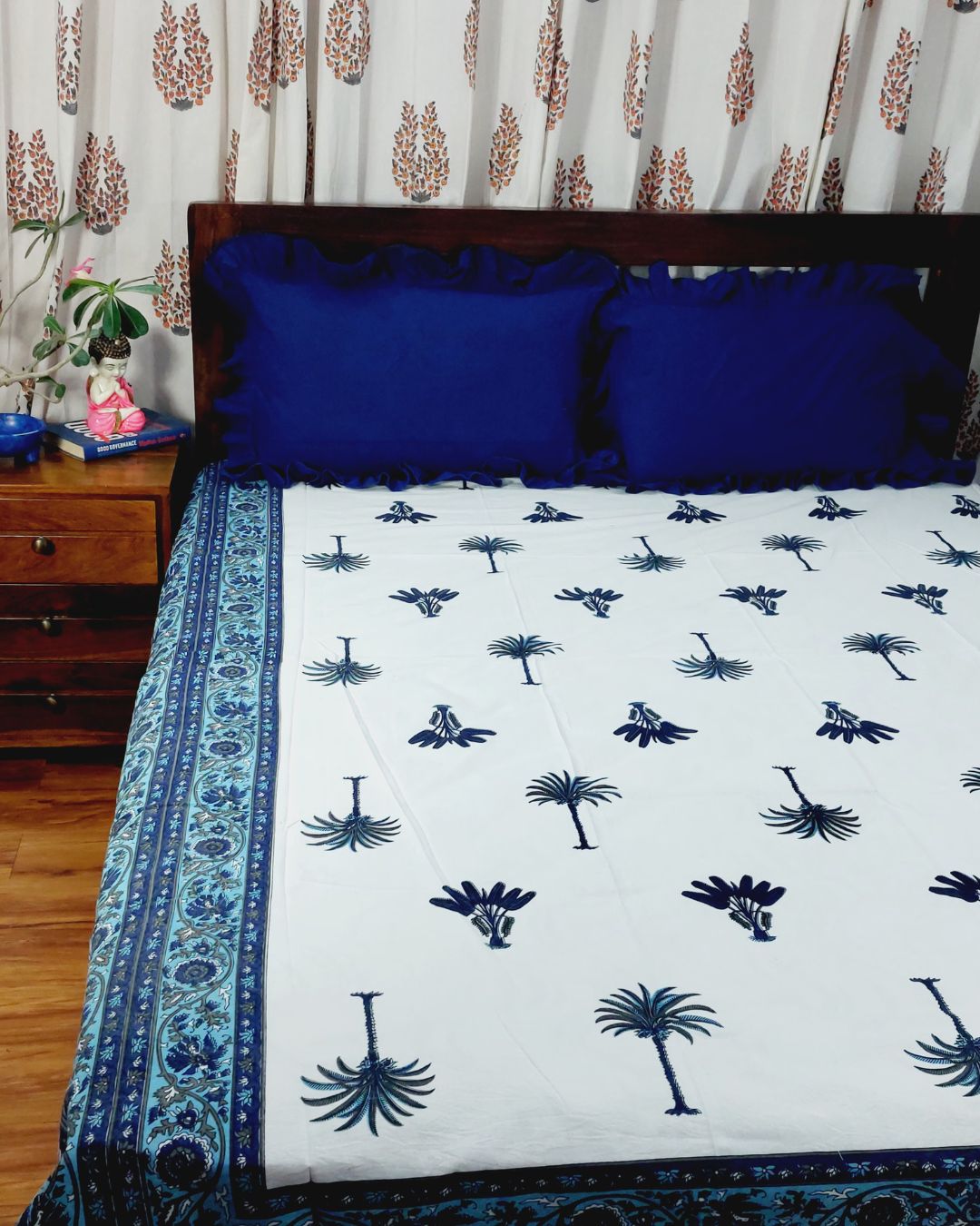 Cotton King Size Bed Sheet White Blue Palm Tree Print