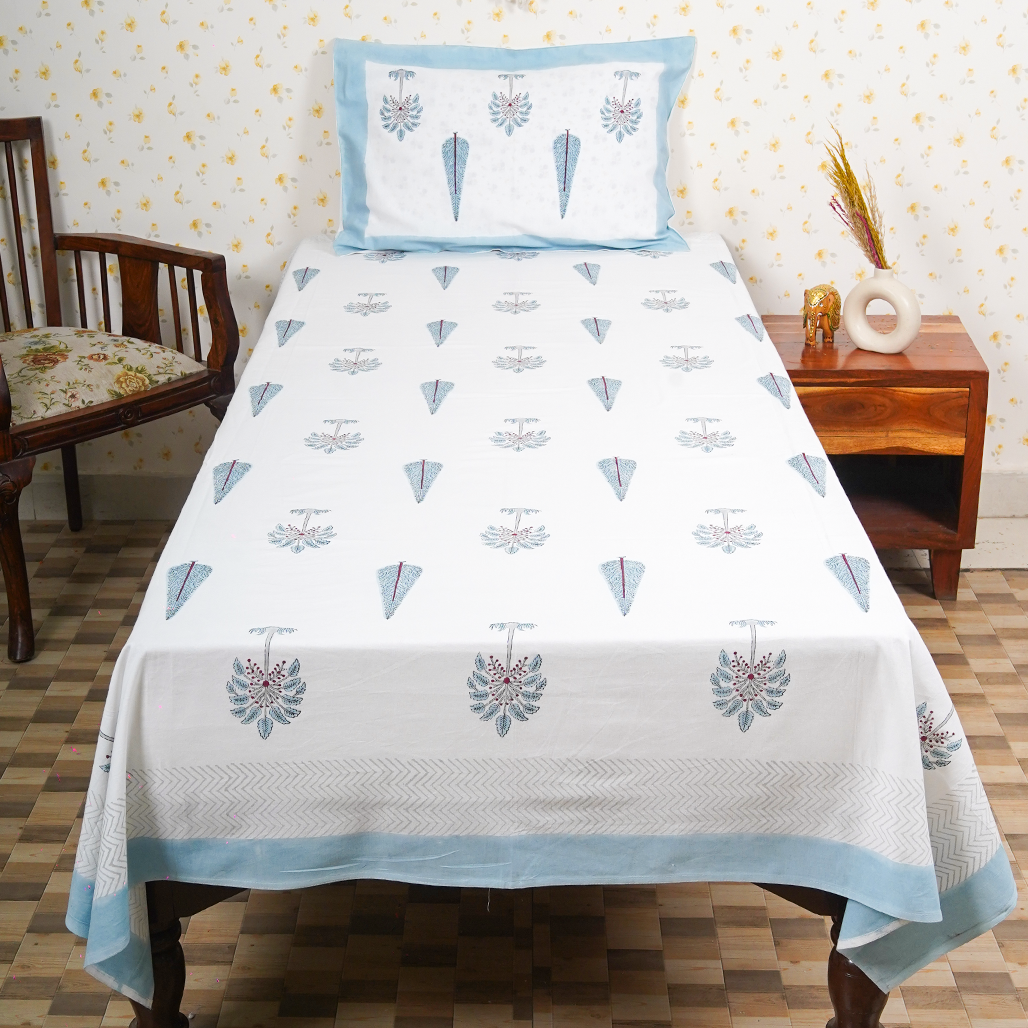 Cotton White Blue Morning Glory Blockprint Single Bedsheet