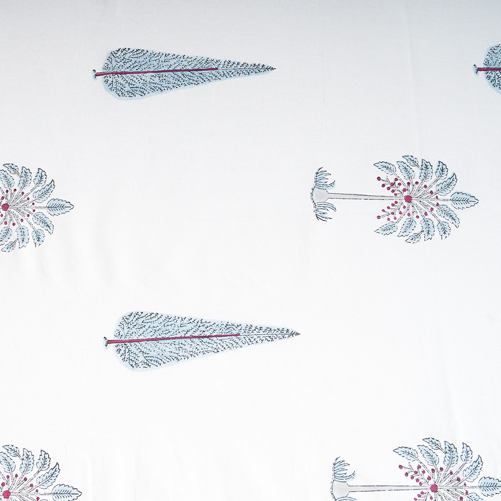 Cotton White Blue Morning Glory Blockprint Single Bedsheet