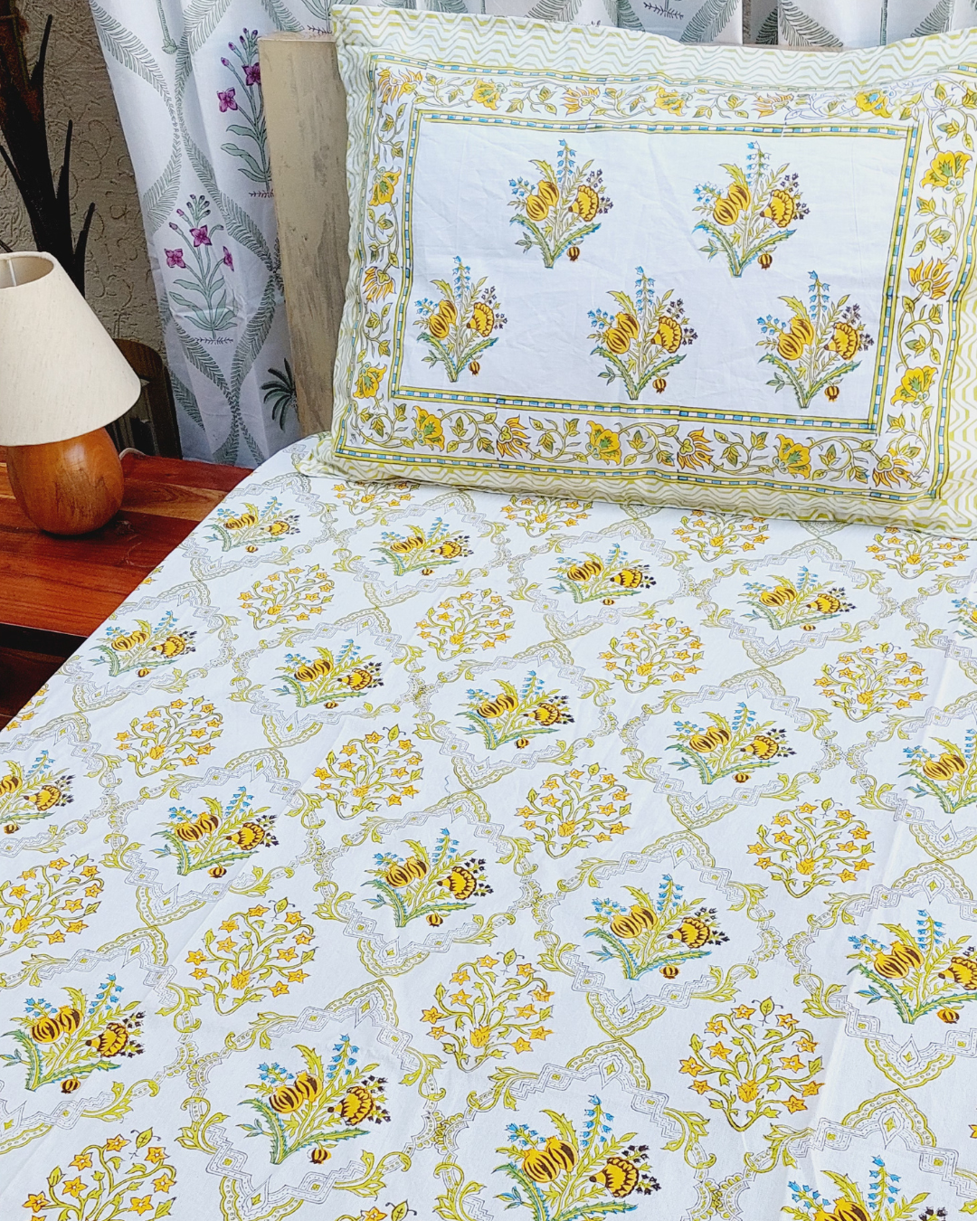 Cotton Medium Size bedsheet Mustard-Green Floral Block Print