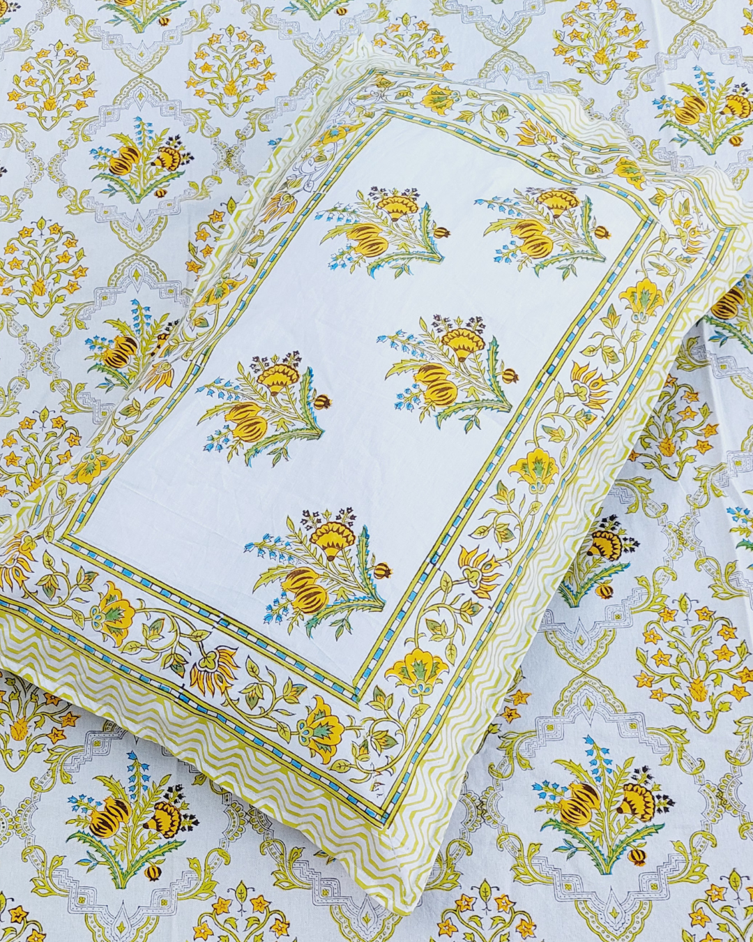 Cotton Medium Size bedsheet Mustard-Green Floral Block Print