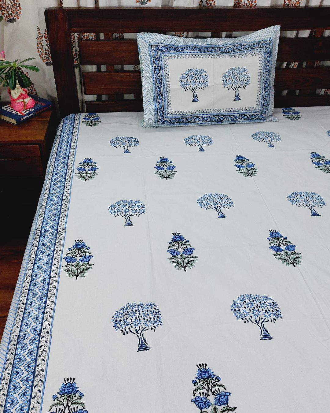Cotton Medium Size Bedsheet Blue Floral Block Print
