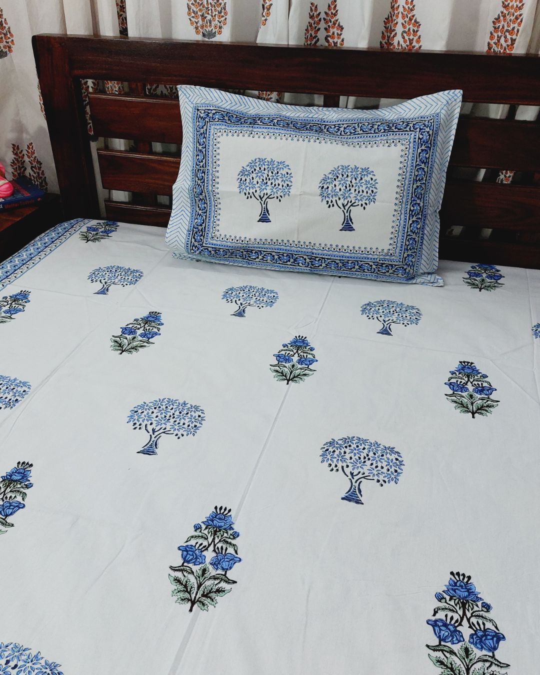Cotton Medium Size Bedsheet Blue Floral Block Print