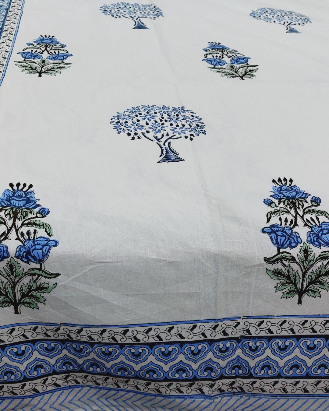 Cotton Medium Size Bedsheet Blue Floral Block Print