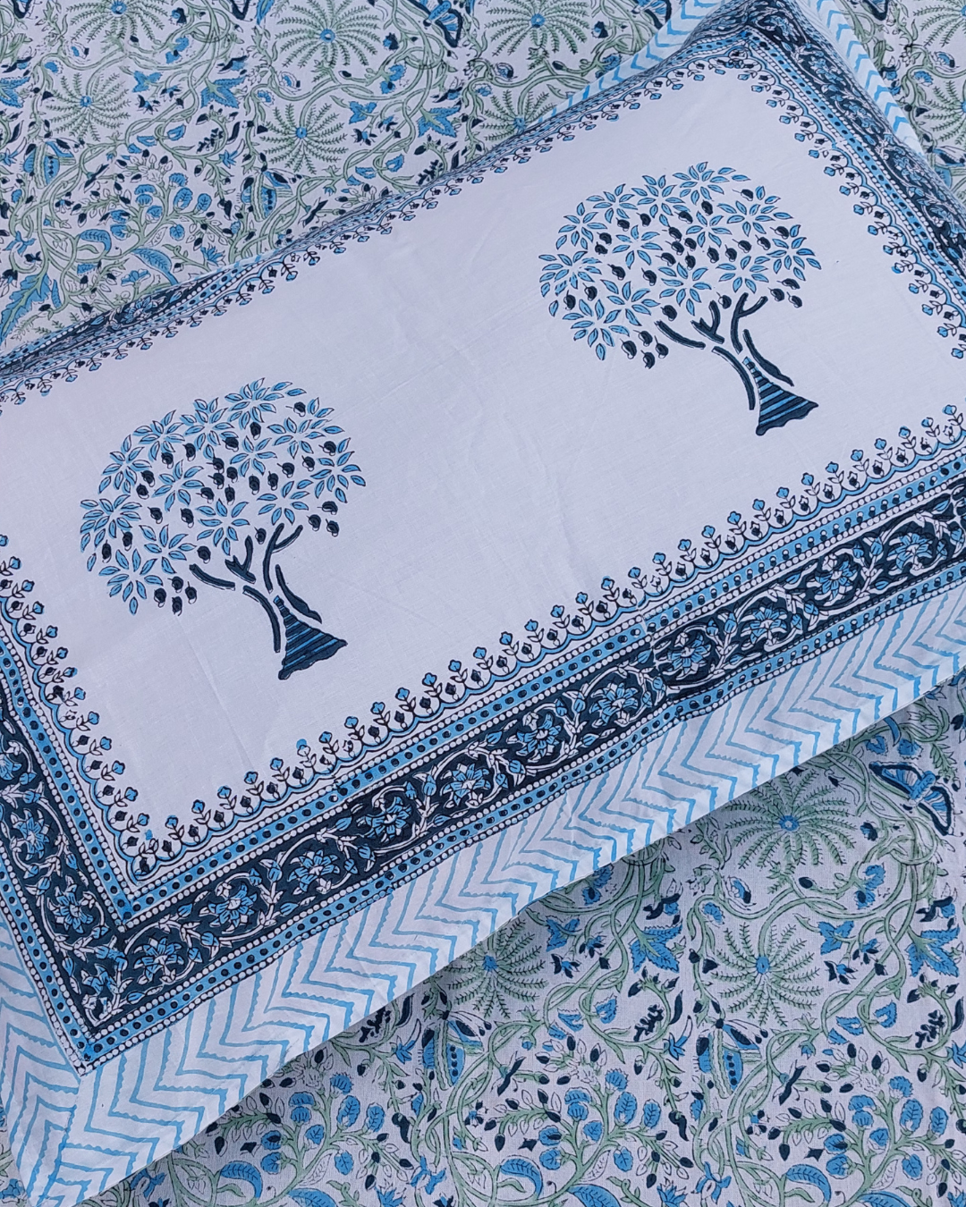 Cotton Medium Size Bedsheet Blue-Green Floral Jaal Block Print