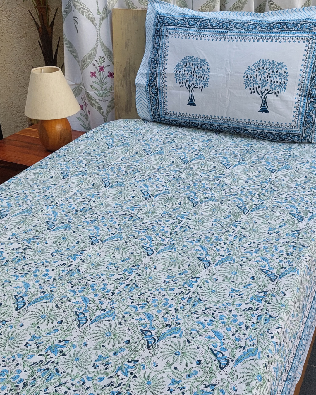 Cotton Medium Size Bedsheet Blue-Green Floral Jaal Block Print